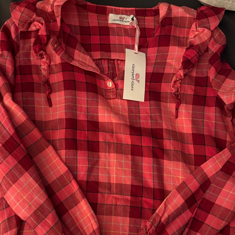 Vineyard Vines Pink and Red Checkered Ruffle Top girls large new with tags